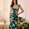 The Green Sweetheart Neck Cap Sleeve Floral Midi Dress
