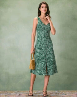 The Green V Neck Floral Button Midi Dress -Outlet Dress Mix Up Store the green v neck floral button midi dress dresses oamc3h