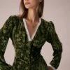 The Green V Neck Lace Floral Velvet Blouse
