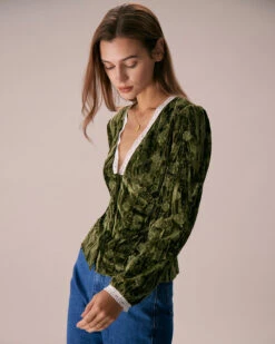 The Green V Neck Lace Floral Velvet Blouse -Outlet Dress Mix Up Store the green v neck lace velvet blouse tops qysbwx