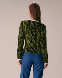 The Green V Neck Lace Floral Velvet Blouse -Outlet Dress Mix Up Store the green v neck lace velvet blouse tops r7ktct