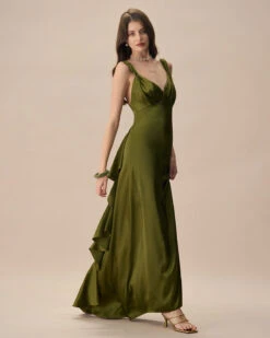 The Green V Neck Ruched Satin Maxi Dress -Outlet Dress Mix Up Store the green v neck ruched satin maxi dress dresses 4cibri