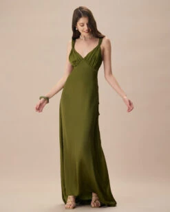 The Green V Neck Ruched Satin Maxi Dress -Outlet Dress Mix Up Store the green v neck ruched satin maxi dress dresses 4xkdmx