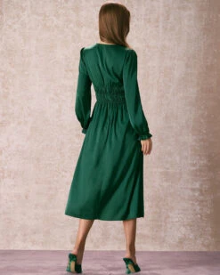 The Green V Neck Ruched Satin Midi Dress -Outlet Dress Mix Up Store the green v neck satin midi dress dresses sjj1su
