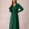 The Green V Neck Ruched Satin Midi Dress