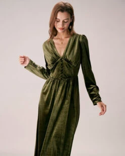 The Green V Neck Velvet Ruched Midi Dress -Outlet Dress Mix Up Store the green v neck velvet ruched midi dress dresses bztby1