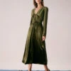 The Green V Neck Velvet Ruched Midi Dress