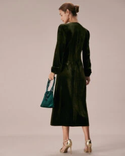 The Green V Neck Button Velvet Midi Dress -Outlet Dress Mix Up Store the green v neck velvet slit dress dresses hs0ftj