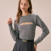 The Grey Crew Neck Cutout Ribbed Sweater
