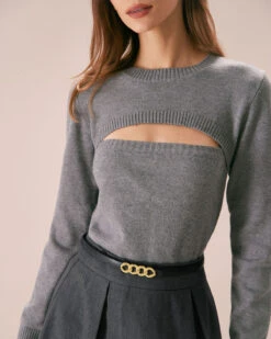 The Grey Crew Neck Cutout Ribbed Sweater -Outlet Dress Mix Up Store the grey crew neck cut out sweater tops eaxpcg