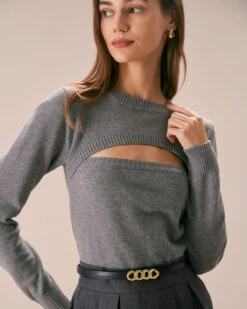 The Grey Crew Neck Cutout Ribbed Sweater -Outlet Dress Mix Up Store the grey crew neck cut out sweater tops egyeib