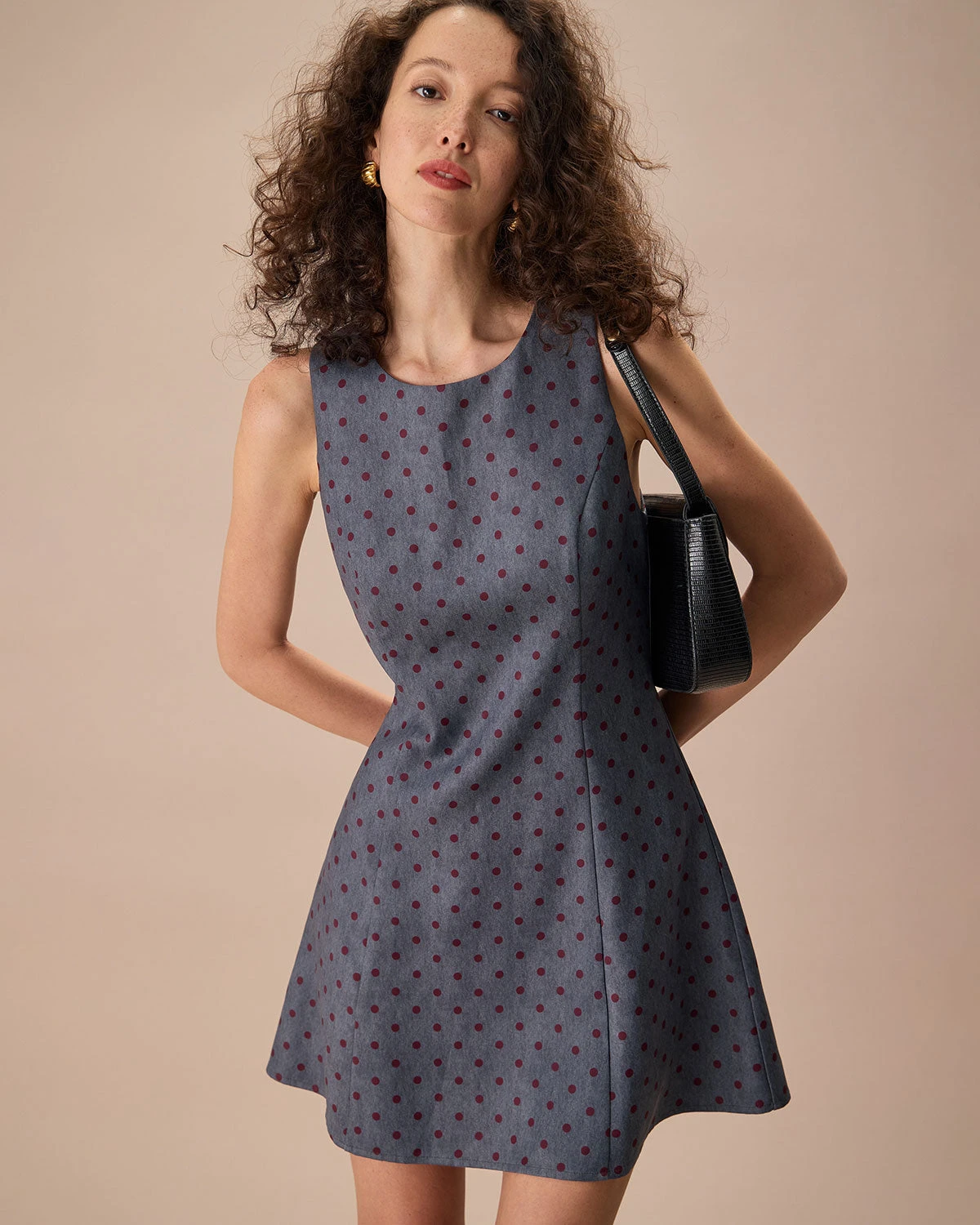 The Grey Round Neck Polka Dot Mini Dress 1 The Grey Round Neck Polka Dot Mini Dress