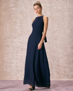The Navy Halter Bowknot Back Maxi Dress -Outlet Dress Mix Up Store the halter neck backless maxi dress dresses ev1pmp