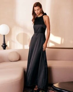 The Black Halter Bowknot Cutout Maxi Dress -Outlet Dress Mix Up Store the halter neck backless maxi dress dresses v1m0nb 986205