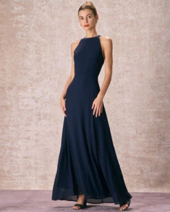 The Navy Halter Bowknot Back Maxi Dress