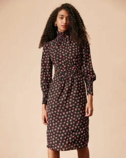 The Mock Neck Floral Long Sleeve Midi Dress -Outlet Dress Mix Up Store the heart print shirred midi dress dresses 5feksg