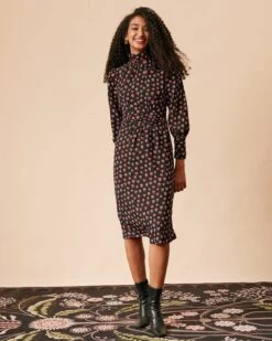 The Mock Neck Floral Long Sleeve Midi Dress -Outlet Dress Mix Up Store the heart print shirred midi dress dresses j3si12