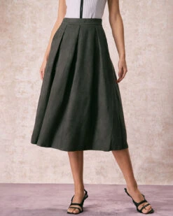 The Green High Waisted A Line Pleated Midi Skirt