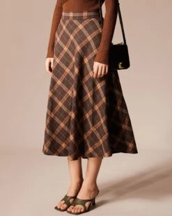 The Brown Elastic Waist Plaid A-Line Midi Skirt 10 The Brown Elastic Waist Plaid A-Line Midi Skirt -Outlet Dress Mix Up Store the high waisted plaid a line skirt bottoms bfwnbq 989016