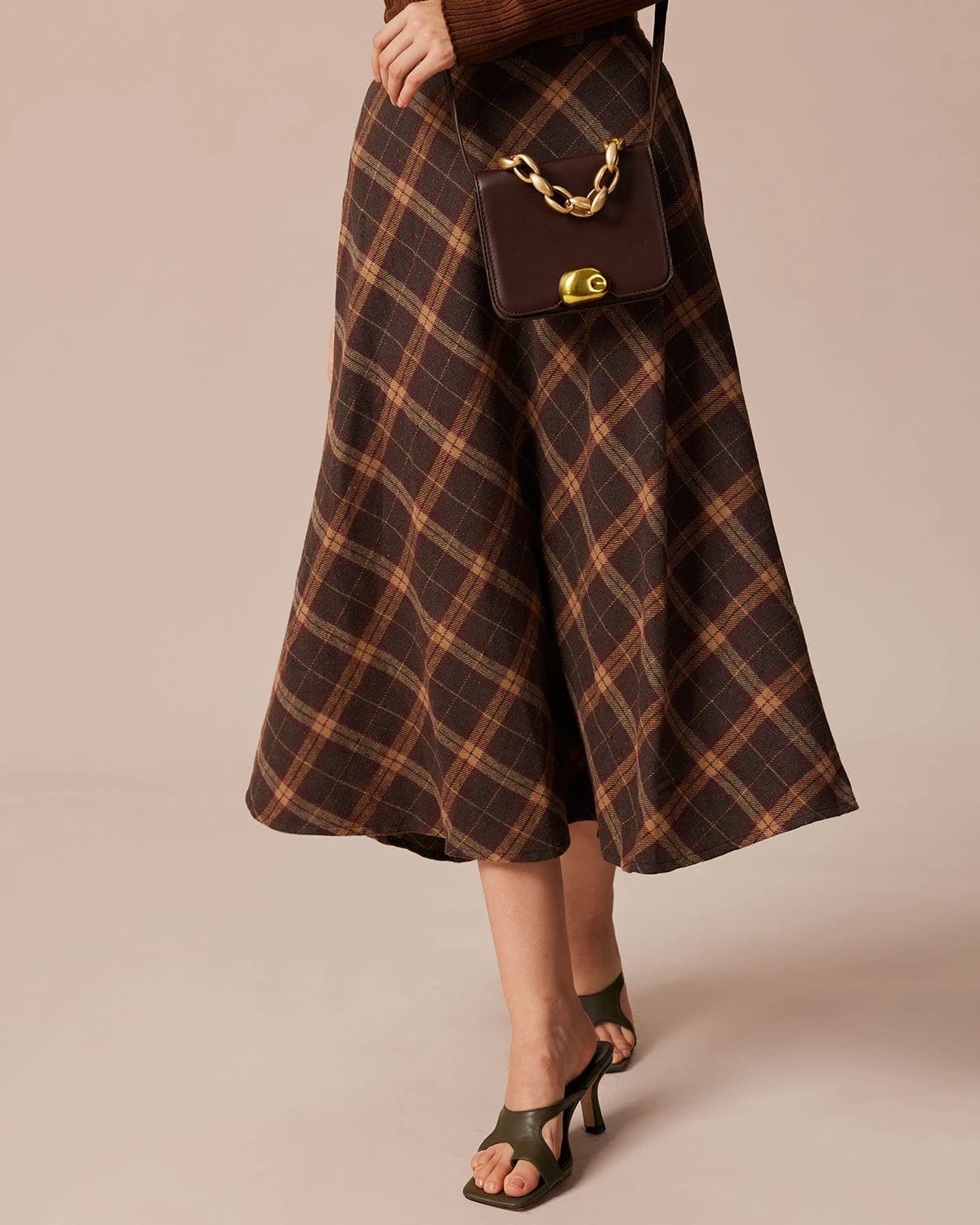 The Brown Elastic Waist Plaid A-Line Midi Skirt 1 The Brown Elastic Waist Plaid A-Line Midi Skirt
