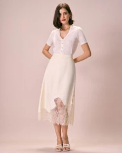 The Beige High-Waisted Irregular Satin Midi Skirt -Outlet Dress Mix Up Store the irregular satin midi skirt bottoms igj99b