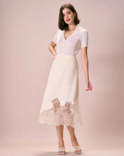 The Beige High-Waisted Irregular Satin Midi Skirt -Outlet Dress Mix Up Store the irregular satin midi skirt bottoms rsogg8