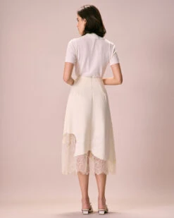 The Beige High-Waisted Irregular Satin Midi Skirt -Outlet Dress Mix Up Store the irregular satin midi skirt bottoms x8ypen