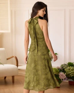 The Green Jacquard Ruched Halter Midi Dress -Outlet Dress Mix Up Store the jacquard ruched halter dress dresses nfdmud