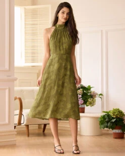 The Green Jacquard Ruched Halter Midi Dress -Outlet Dress Mix Up Store the jacquard ruched halter dress green dresses trwqij