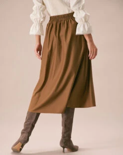 The Khaki High Waisted Pleated Midi Skirt -Outlet Dress Mix Up Store the khaki elastic waist solid midi skirt bottoms dhetbe