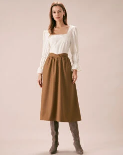 The Khaki High Waisted Pleated Midi Skirt -Outlet Dress Mix Up Store the khaki elastic waist solid midi skirt bottoms uzki7m