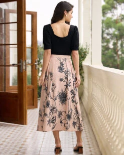 The Khaki High-waisted Floral Pleated Midi Skirt -Outlet Dress Mix Up Store the khaki floral pleated midi skirt bottoms kstapn