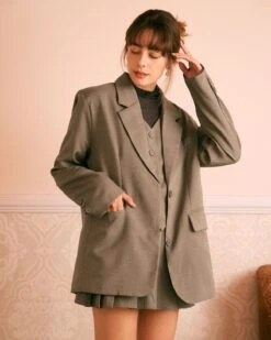 The Khaki Lapel Button Wide-waisted Blazer -Outlet Dress Mix Up Store the khaki lapel solid blazer outerwear 3sj4mg