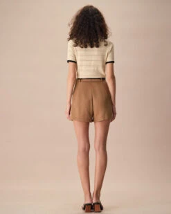 The Khaki High-Waisted Pleated Wide-leg Shorts -Outlet Dress Mix Up Store the khaki pleated solid shorts bottoms kz4lbp