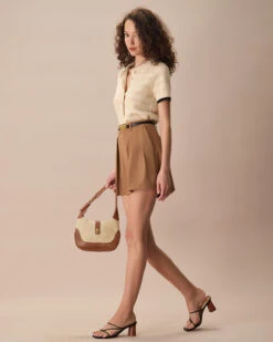 The Khaki High-Waisted Pleated Wide-leg Shorts -Outlet Dress Mix Up Store the khaki pleated solid shorts bottoms rtylct