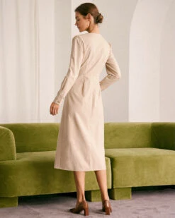 The Khaki Round Neck Button Up Midi Dress -Outlet Dress Mix Up Store the khaki round neck solid midi dress dresses so1rea