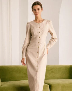 The Khaki Round Neck Button Up Midi Dress -Outlet Dress Mix Up Store the khaki round neck solid midi dress dresses zcjf7t