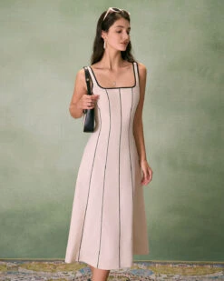 The Khaki Square Neck Contrast Midi Dress -Outlet Dress Mix Up Store the khaki square neck contrast midi dress dresses kxddtg