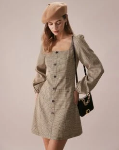 The Khaki Square Neck Plaid Button Mini Dress -Outlet Dress Mix Up Store the khaki square neck plaid mini dress dresses 48xft5