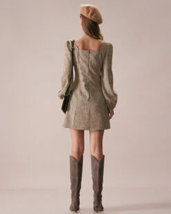 The Khaki Square Neck Plaid Button Mini Dress -Outlet Dress Mix Up Store the khaki square neck plaid mini dress dresses phwmty