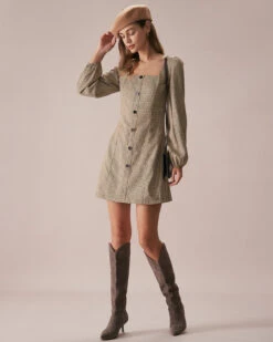 The Khaki Square Neck Plaid Button Mini Dress -Outlet Dress Mix Up Store the khaki square neck plaid mini dress dresses tnzfhh