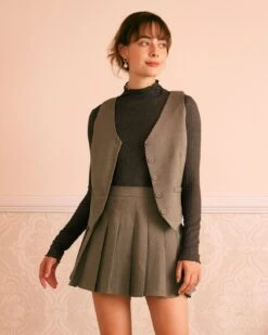 The Khaki V Neck Sleeveless Button Vest