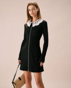 The Black Lace Collar Ribbed Mini Dress -Outlet Dress Mix Up Store the lace collar ribbed mini dress dresses qyhw4k
