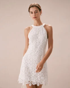 The White Halter Lace Sheath Mini Dress