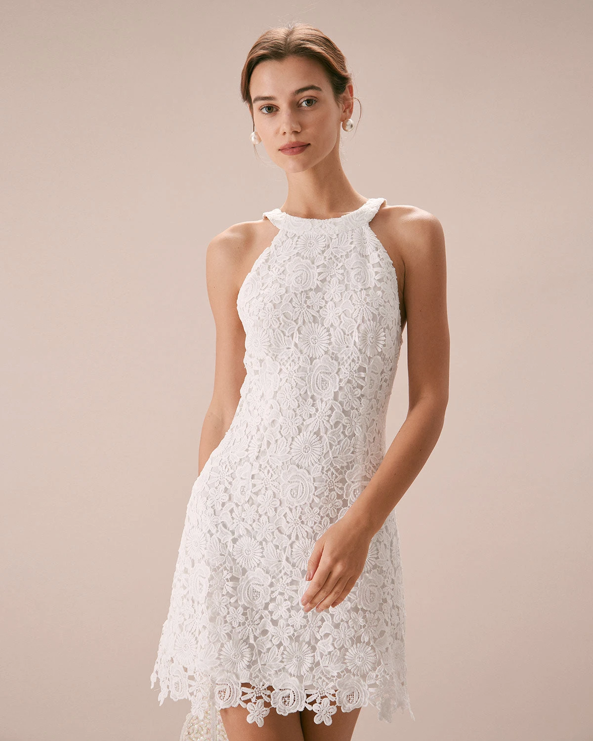 The White Halter Lace Sheath Mini Dress 1 The White Halter Lace Sheath Mini Dress