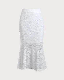 The Solid High Waisted Lace Fishtail Skirt -Outlet Dress Mix Up Store the lace mermaid hem skirt white bottoms jjrqye