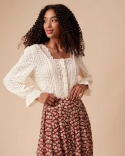 The Beige Solid Lace Trim Blouse