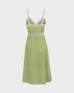 The Green V-Neck Lace Trim Satin Midi Dress -Outlet Dress Mix Up Store the lace trim striped dress dresses nbw7ak