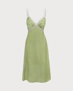 The Green V-Neck Lace Trim Satin Midi Dress -Outlet Dress Mix Up Store the lace trim striped dress green dresses jcc3zo