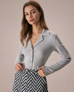 The Grey Lapel Button Down Ribbed Knit Top -Outlet Dress Mix Up Store the lapel button down ribbed top grey tops mteebz